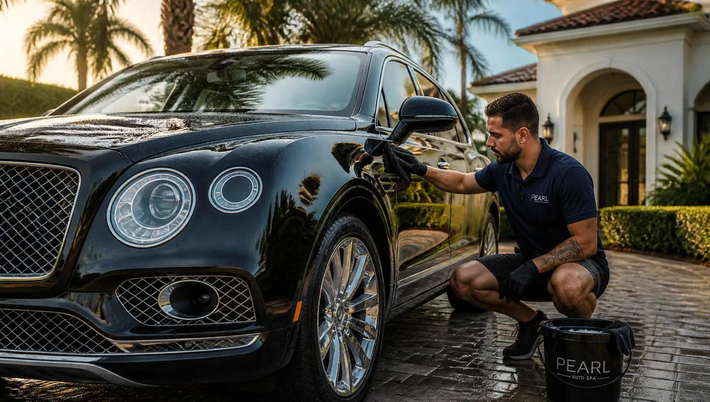 Professional detailer polishing a luxury SUV outside a Florida home
