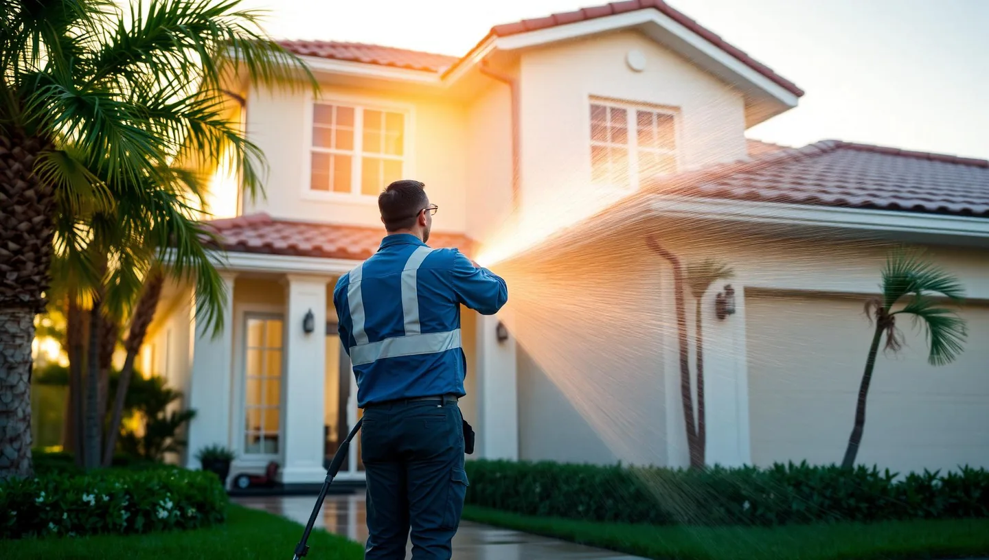 Technician pressure washing a modern Florida home exterior at golden hour